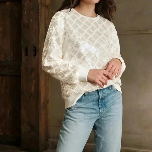 Beige Casual Women's Studded & Sequin Embellished Round Neck Loose Fit - Picture 7 of 7